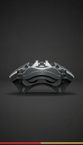 Forged aluminum brake caliper, Default is 3/4 angle hero shot against matte black or carbon fiber textured background with...