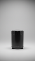 Graphite-finish oil filter, Single product per shot; default angle is 3/4 front view for dimensionality (never flat lay)....