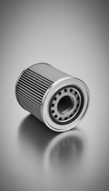 A premium oil filter presented against a steel silver backdrop, conveying its high quality and reliability. A soft shadow...