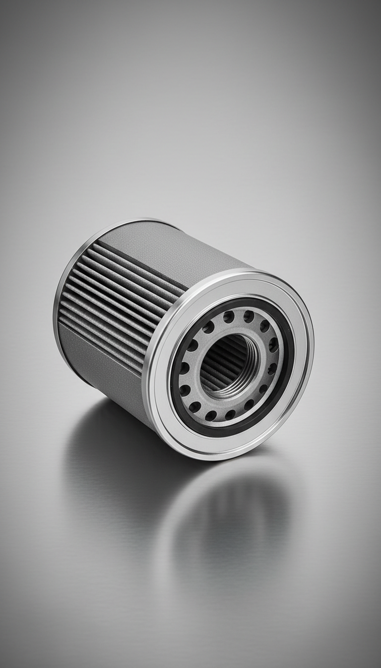A premium oil filter presented against a steel silver backdrop, conveying its high quality and reliability. A soft shadow...